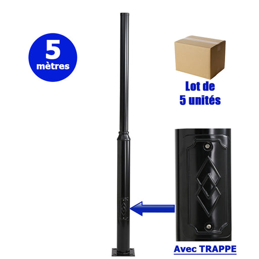 Lot de 5x Mâts / Poteaux pour lampe de rue - Série STANDARD V2 avec TRAPPE - Vis antivol - 5 mètres - Couleur Noir