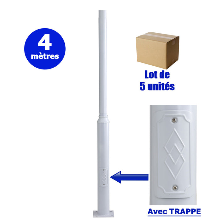 Lot de 5x Mâts / Poteaux pour lampe de rue - Série STANDARD V2 avec TRAPPE - Vis antivol - 4 mètres - Couleur Blanche