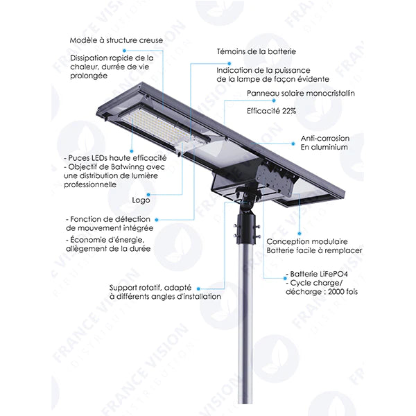 Lampe de rue solaire ajustable - Série DREAM V2 - 500 Watts - 5000 Lumens - 76 x 37 x 16 cm -  Angle 160*60° - IP65 - 4000K - Diamètre du tube 60mm - Télécommande - Avec détecteur de mouvement - 6 modes - Garantie 3 ans