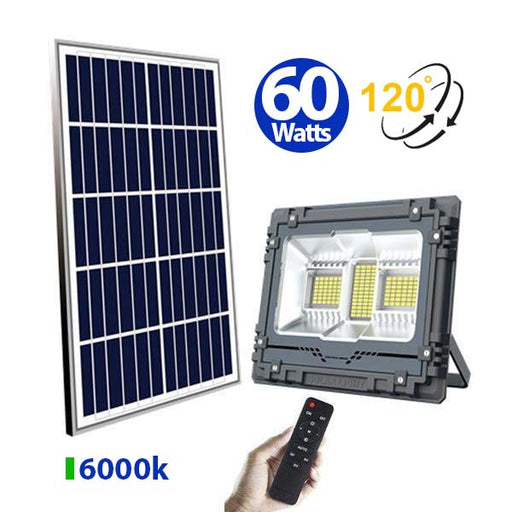 Projecteur LED solaire - Série WARRIOR - 60 Watts - Angle 120° - Lampe 22 x 17 x 6 cm - Panneau solaire 35 x 24 cm - IP67 - Avec télécommande - Panneau solaire inclus - Dernière génération Solaire - Couleur éclairage 6000K