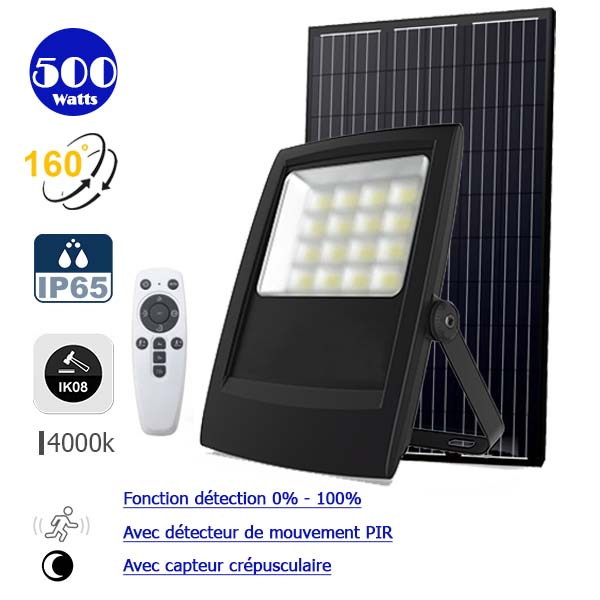 Projecteur LED solaire - Série BIG BOY EVO - 500 Watts - 2480 Lumens - Angle 160° - IP65 - IK08 - Lampe 38 x 28 x 7 cm - Panneau Monocristallin 67 x 35 x 2 cm - 4000k - Télécommande radiofréquence / Capteur infrarouge - Fonction détection 0% - 100%