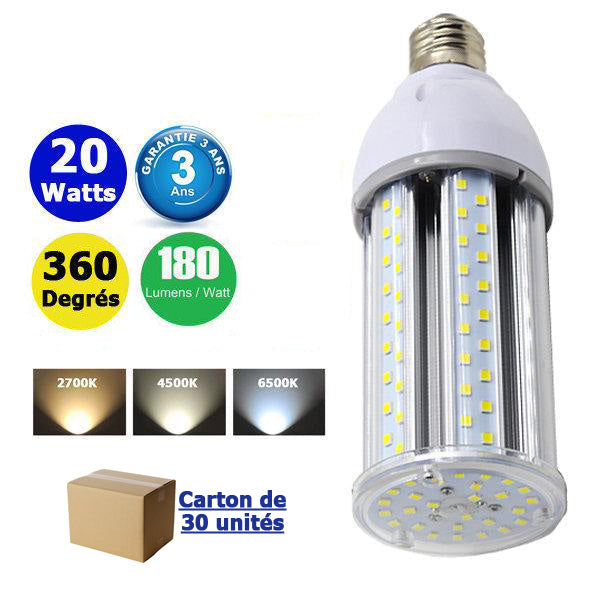 Carton / Lot de 30x Ampoules LED E27 / E40 au choix - Série CL6 - 20 Watts - 3600 Lumens - 180 Lumens/Watt - 64 x 187 mm - Angle 360° - IP44