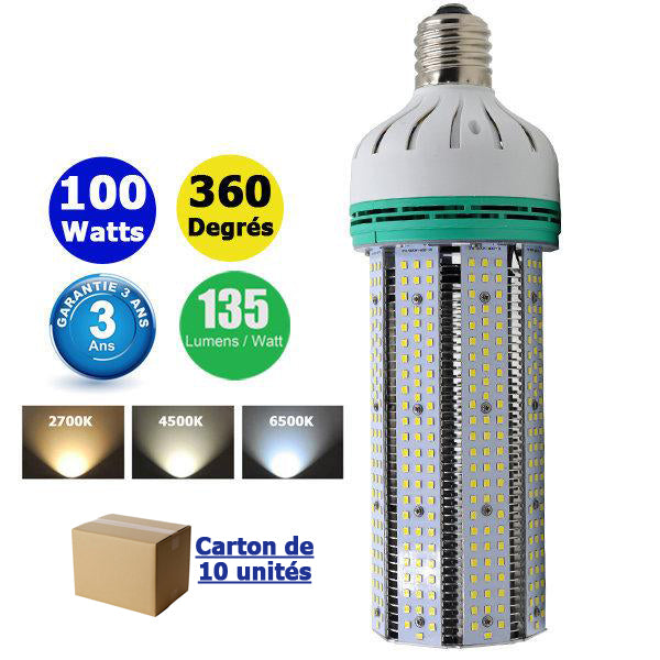 Carton / Lot de 10x Ampoules LED E27 / E40 au choix - Série CL8 - 100 Watts - 13 500  lumens - 135 lumens/Watt - 105 x 313 mm - Angle 360° - IP44 - Garantie 3 ans