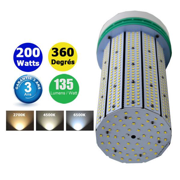 Ampoule LED E40 - Série CL8 - 200 Watts - 27 000  lumens - 135 lumens/Watt - 128 x 332 mm - Angle 360° - IP44 - Garantie 3 ans