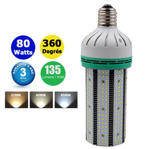 Ampoule LED E27 / E40 au choix - Série CL8 - 80 Watts - 10 800  lumens - 135 lumens/Watt - 105 x 285 mm - Angle 360° - IP44 - Garantie 3 ans