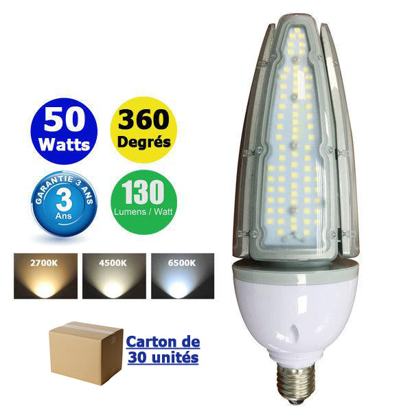 Carton / Lot de 30x Ampoules LED E27 / E40 au choix - Série CL9 - 50 Watts - 6500  lumens - 130 lumens/Watt - 88  x 265 mm - Angle 360° - IP65 - Garantie 3 ans