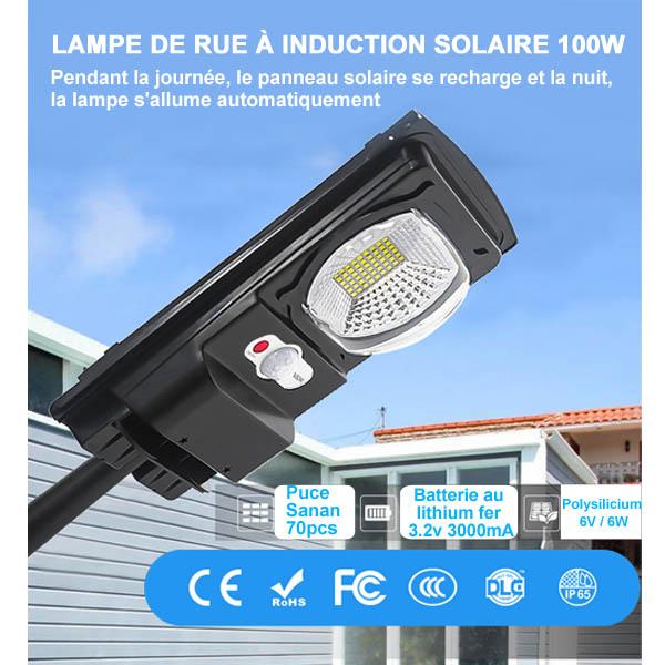 Lampe de rue solaire - Série CYCLOPE - Rendu lumineux 80 Watts - Angle éclairage 180 ° - IP67 - 25 x 14 x 4 cm - Avec capteur crépusculaire – Support mural intégré – Couleur 6000K