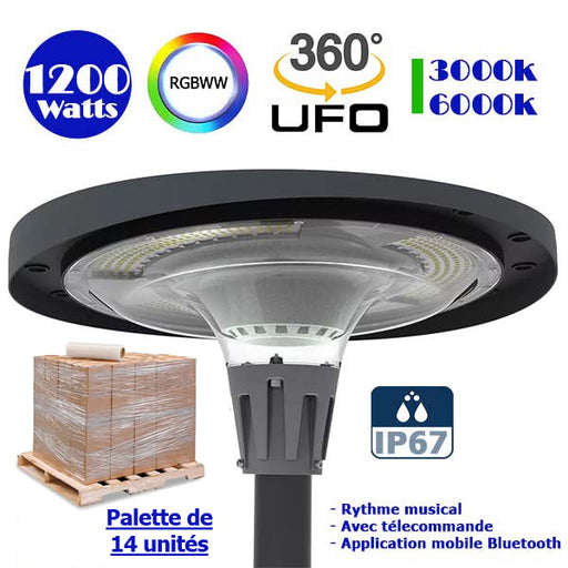 Palette de 14x Lampes LED solaires  - Série OVNI FUTUR - RGBWW - Type UFO - 1200 Watts - 2800 lumens - Panneau Monocristallin - Diamètre tube d'insertion 76 mm - Télécommande - Application mobile Bluetooth - Rythme musical - Couleur 3000K / 6000K / RGB