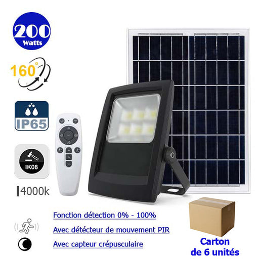 Carton / Lot de 6x Projecteurs LED solaires - Série BIG BOY EVO - 200 Watts - 800 Lumens - Angle 160° - IP65 - IK08 - Lampe 24 x 17 x 5 cm - Panneau 35 x 29 x 2 cm - 4000k - Télécommande radiofréquence / Capteur infrarouge - Fonction détection 0% - 100%