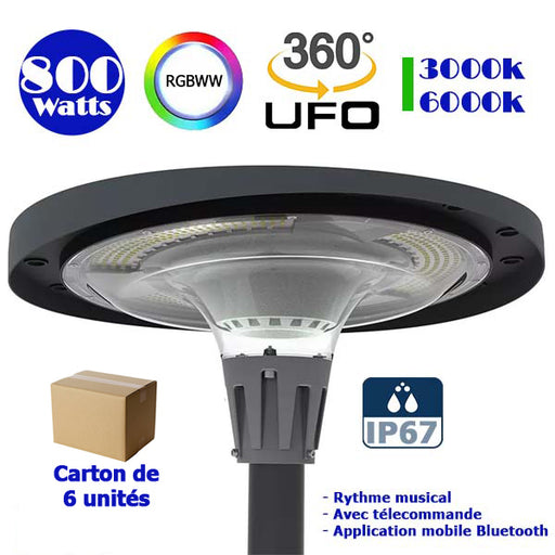 Carton / Lot de 6x Lampes LED solaires  - Série OVNI FUTUR - RGBWW - Type UFO - 800 Watts - 2000 lumens - Panneau Polycristallin - Diamètre tube d'insertion 76 mm - Télécommande - Application mobile Bluetooth - Rythme musical - Couleur 3000K / 6000K / RGB