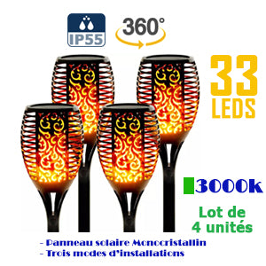 Lot de 4x Lampes LED de jardin solaire – Série KO-LANTA V2 - Modèle MAXI – 33 LEDs - Angle 360°- IP55 - 58 x 10 cm – Trois modes d’installations – Panneau solaire Monocristallin