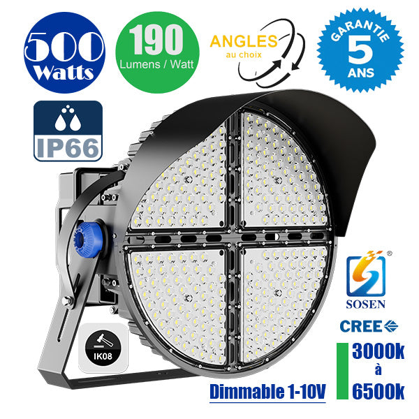 Projecteur de stade - Série ROUND V2 - 500 Watts -  95 000 Lumens - 190 Lumens/Watt - Angle 20° /  30° / 45° / 60° au choix - IP66 - 59 x 51 x 26 cm - 3000k à 6500k - Dimmable - Transformateur SOSEN - Garantie 5 ans