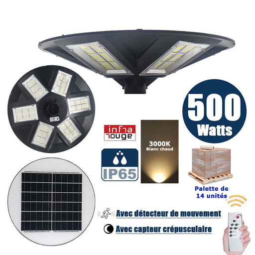 Palette de 14x Lampes solaires pour extérieur - Série OVNI - Version HERCULE 500 - Rendu lumineux 500 Watts - 2200 lumens – Angle 360° - Diamètre tube d'insertion 60 / 76 mm - Avec détecteur de mouvement – Capteur crépusculaire - Avec télécommande - 3000k