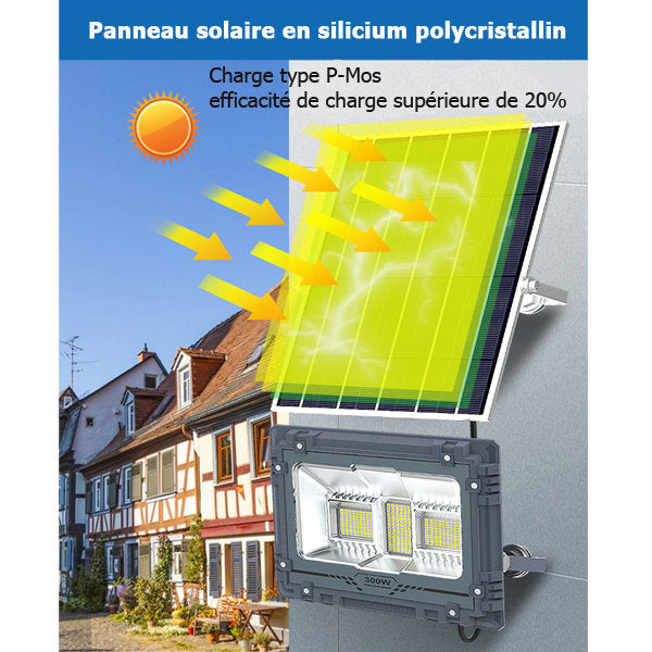 Projecteur LED solaire - Série WARRIOR - 300 Watts - Angle 120° - Lampe 34 x 27 x 7 cm - Panneau solaire 58 x 35 cm - IP67 - Avec télécommande - Panneau solaire inclus - Dernière génération Solaire - Couleur éclairage 4000K