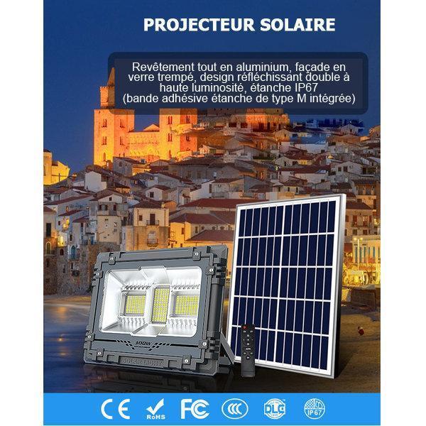 Projecteur LED solaire - Série WARRIOR - 500 Watts - Angle 120° - Lampe 39 x 30 x 8 cm - Panneau solaire 63 x 35 cm - IP67 - Avec télécommande - Panneau solaire inclus - Dernière génération Solaire - Couleur éclairage 6000K