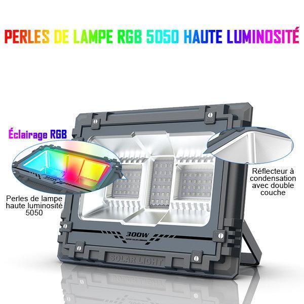 Projecteur LED solaire - Série WARRIOR RGBW (Multicolores + Blanc) - 800 Watts - Angle 120° - Lampe 38,5 x 30,3 x 8cm - IP67 - Avec télécommande - Avec capteur crépusculaire - Bluetooth - Rythme musical