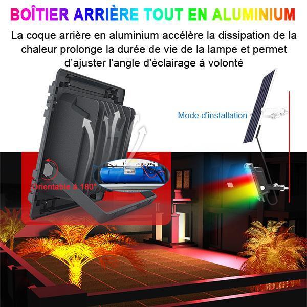 Projecteur LED solaire - Série WARRIOR RGBW (Multicolores + Blanc) - 800 Watts - Angle 120° - Lampe 38,5 x 30,3 x 8cm - IP67 - Avec télécommande - Avec capteur crépusculaire - Bluetooth - Rythme musical