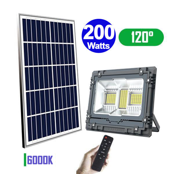 Projecteur LED solaire - Série WARRIOR - 200 Watts - Angle 120° - Lampe 31 x 24 x 7 cm - Panneau solaire 43 x 35 cm - IP67 - Avec télécommande - Dernière génération Solaire - Couleur éclairage 6000K