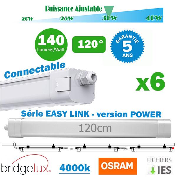 Pack de 6x Réglettes LED étanches connectables - Série EASY-LINK - Version POWER - Puissance ajustable 20 / 25 / 30 / 40 Watts - 5600 Lumens - 140 Lumens/Watt - 122 x 7 x 6 cm - Angle 120° - IP65 - 4000K - Transformateur OSRAM - Garantie 5 ans