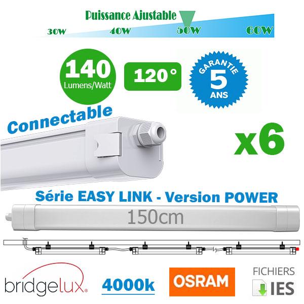 Pack de 6x Réglettes LED étanches connectables - Série EASY-LINK - Version POWER - Puissance ajustable 30 / 40 / 50 / 60 Watts - 8400 Lumens - 140 Lumens/Watt - 150 x 7 x 6 cm - Angle 120° - IP65 - 4000K - Transformateur OSRAM - Garantie 5 ans