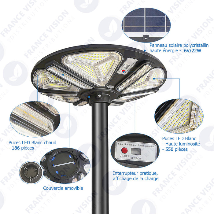 Lot de 5x Lampes solaires pour extérieur - Série OVNI TRICOLORE - Rendu lumineux 300W - 2000 lumens  - Angle 360° - Diamètre tube d'insertion 60 / 80 mm - Télécommande - Détecteur de mouvement - Capteur crépusculaire - Couleur de température au choix