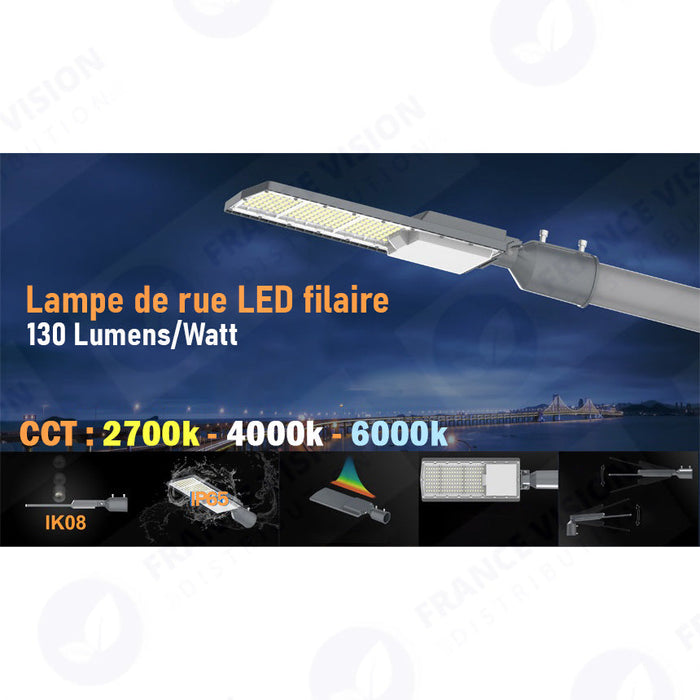Lampe de rue filaire - Série FLEX V2 - 150 Watts - 19 500 Lumens - 130 Lumens/Watt - IP65 - IK09 - Angle 140x70° - 62x 46 x 2 cm - 6000k – Angle rotatif ajustable - Tube d'insertion 50/60mm - Garantie 5 ans