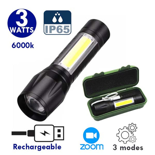 Lampe de poche LED - Série FLASH V1 - Rechargeable – Fonction ZOOM - 3 Watts - IP65 - 9 x 3 cm - Avec câble USB - IP65 - Batterie lithium incluse – Couleur 6000K - 3 modes de fonctionnement