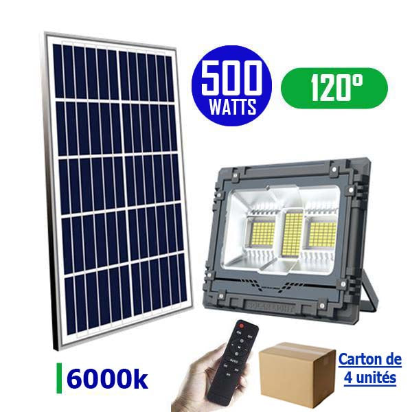Carton / Lot de 4x Projecteurs LED solaires - Série WARRIOR - 500 Watts - Angle 120° - Lampe 39 x 30 x 8 cm - Panneau solaire 63 x 35 cm - IP67 - Avec télécommande - Panneau solaire inclus - Dernière génération Solaire - Couleur éclairage 6000K
