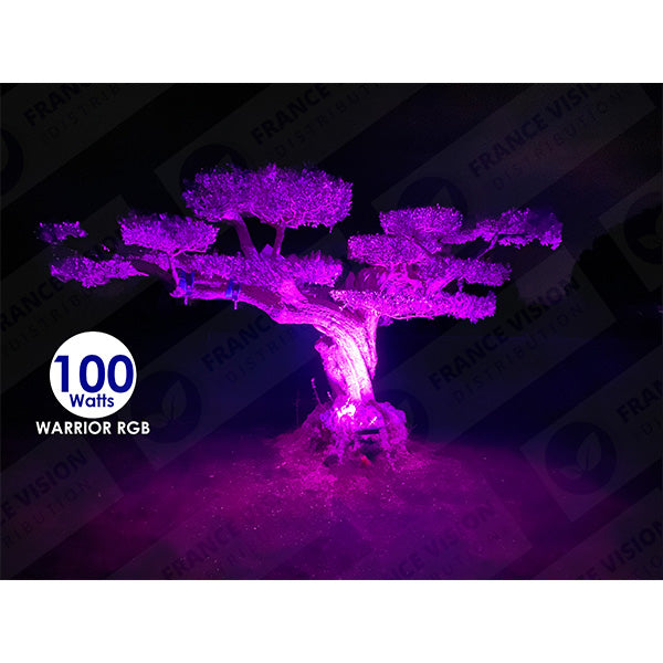 Projecteur LED solaire - Série WARRIOR RGBW (Multicolores + Blanc) - 800 Watts - Angle 120° - Lampe 38,5 x 30,3 x 8cm - IP67 - Avec télécommande - Avec capteur crépusculaire - Bluetooth - Rythme musical