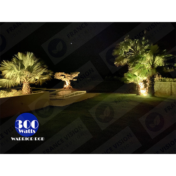 Carton / Lot de 2x Projecteurs LED solaires - Série WARRIOR RGBW (Multicolores + Blanc) - 800 Watts - Angle 120° - Lampe 38,5 x 30,3 x 8cm - IP67 - Avec télécommande - Avec capteur crépusculaire - Bluetooth - Rythme musical