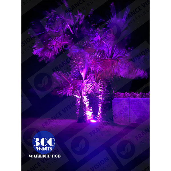 Projecteur LED solaire - Série WARRIOR RGBW (Multicolores + Blanc) - 800 Watts - Angle 120° - Lampe 38,5 x 30,3 x 8cm - IP67 - Avec télécommande - Avec capteur crépusculaire - Bluetooth - Rythme musical