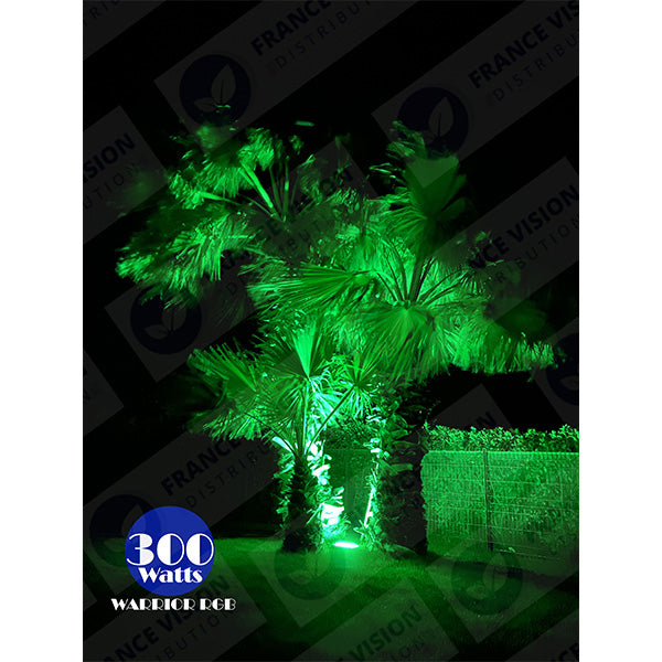 Projecteur LED solaire - Série WARRIOR RGBW (Multicolores + Blanc) - 800 Watts - Angle 120° - Lampe 38,5 x 30,3 x 8cm - IP67 - Avec télécommande - Avec capteur crépusculaire - Bluetooth - Rythme musical