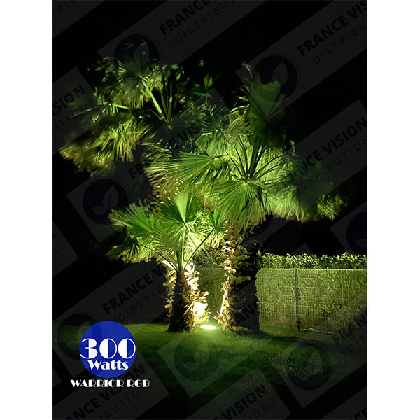 Projecteur LED solaire - Série WARRIOR RGBW (Multicolores + Blanc) - 800 Watts - Angle 120° - Lampe 38,5 x 30,3 x 8cm - IP67 - Avec télécommande - Avec capteur crépusculaire - Bluetooth - Rythme musical